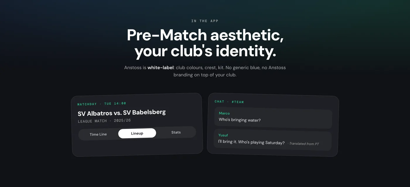 In-app match day and team chat, themed in the club's colours