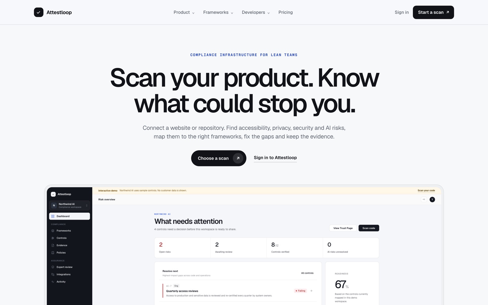 Attestloop, the product this work shipped as: scan a website or repository, with a live risk dashboard