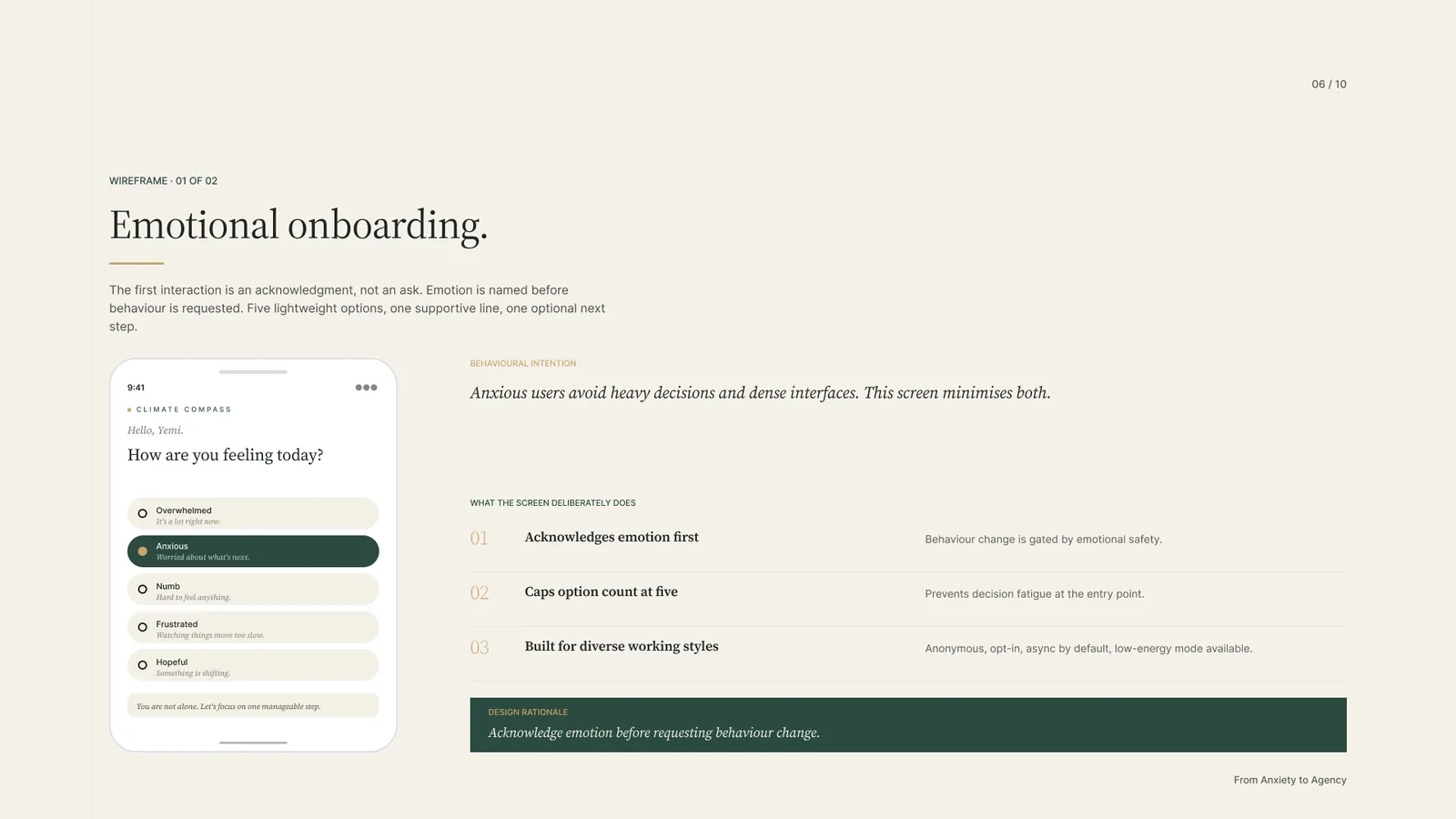 Emotional onboarding wireframe: how are you feeling today