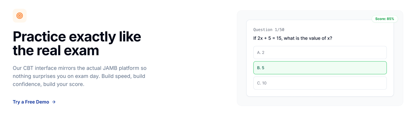 Practice exactly like the real exam: a CBT interface mirroring JAMB