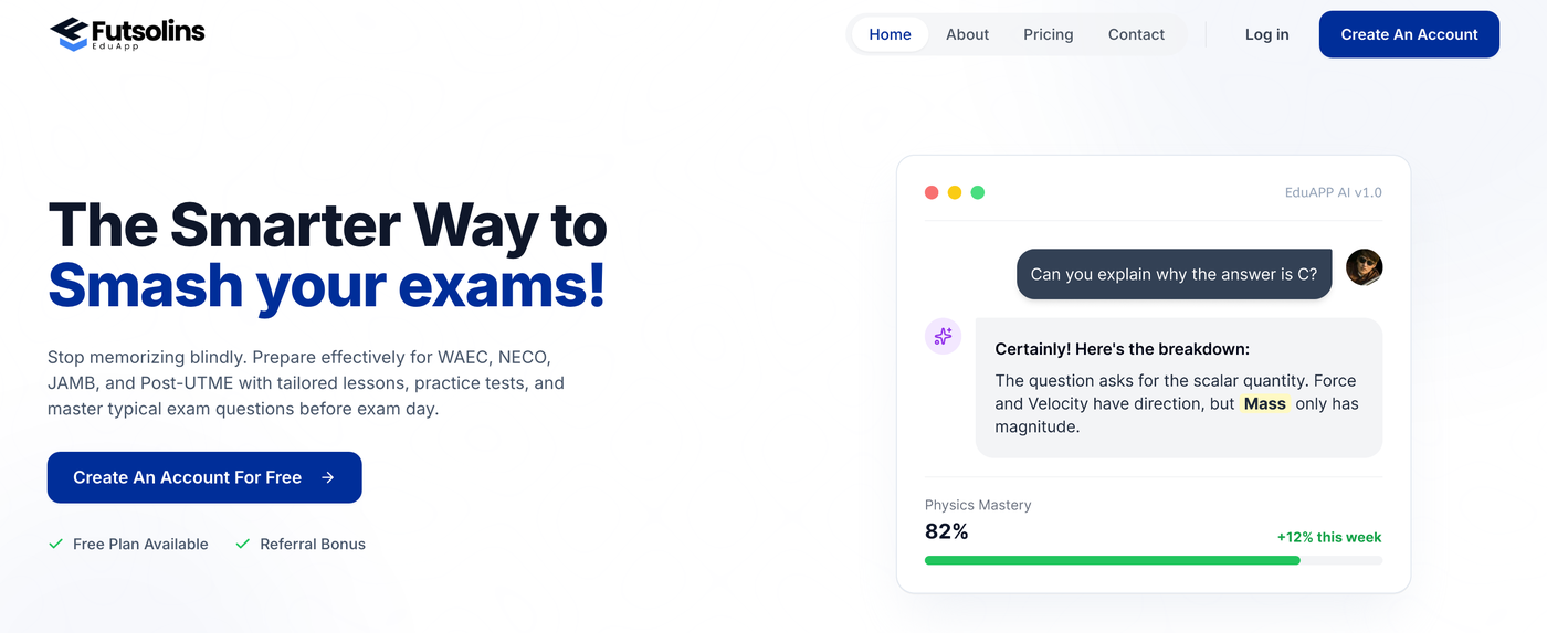 EduApp live product: AI tutor explaining an exam answer with mastery tracking
