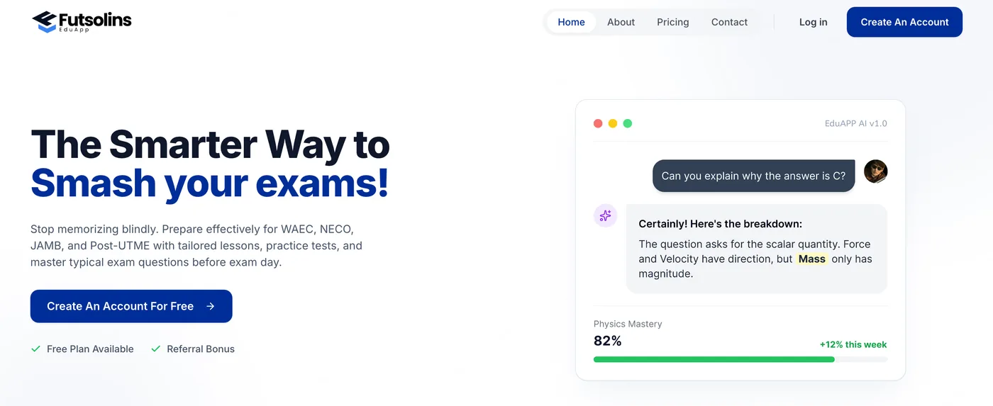 EduApp live product: AI tutor explaining an exam answer with mastery tracking