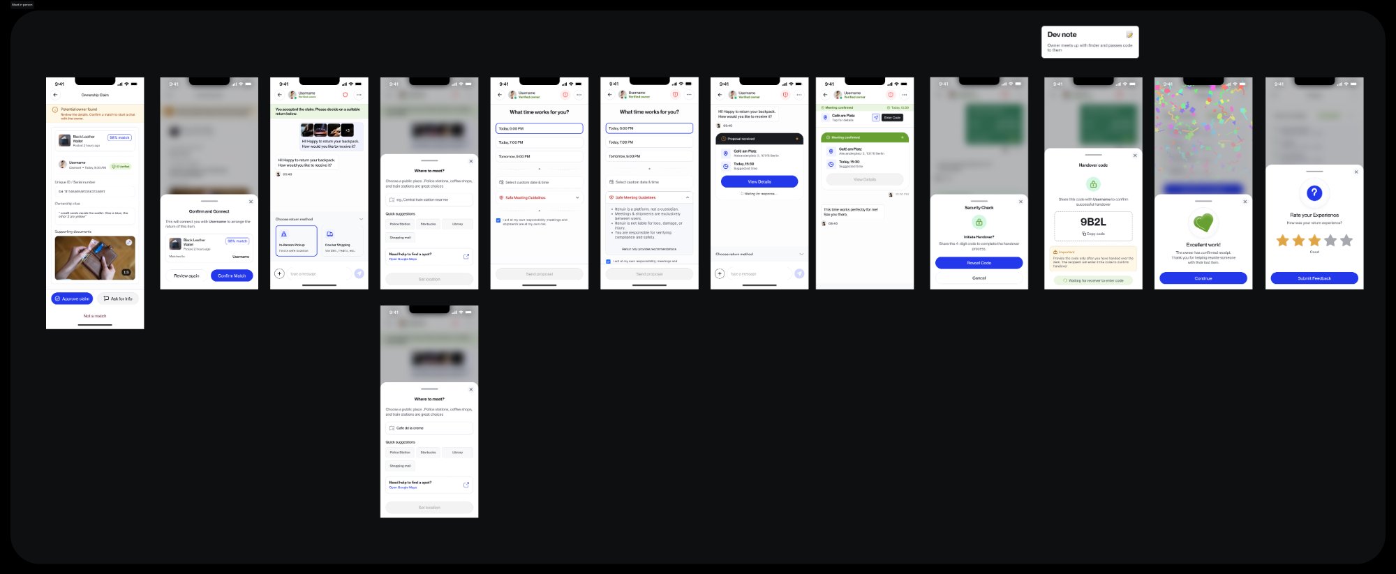 Safe meetup coordination with a location suggestion and a four-digit handover code